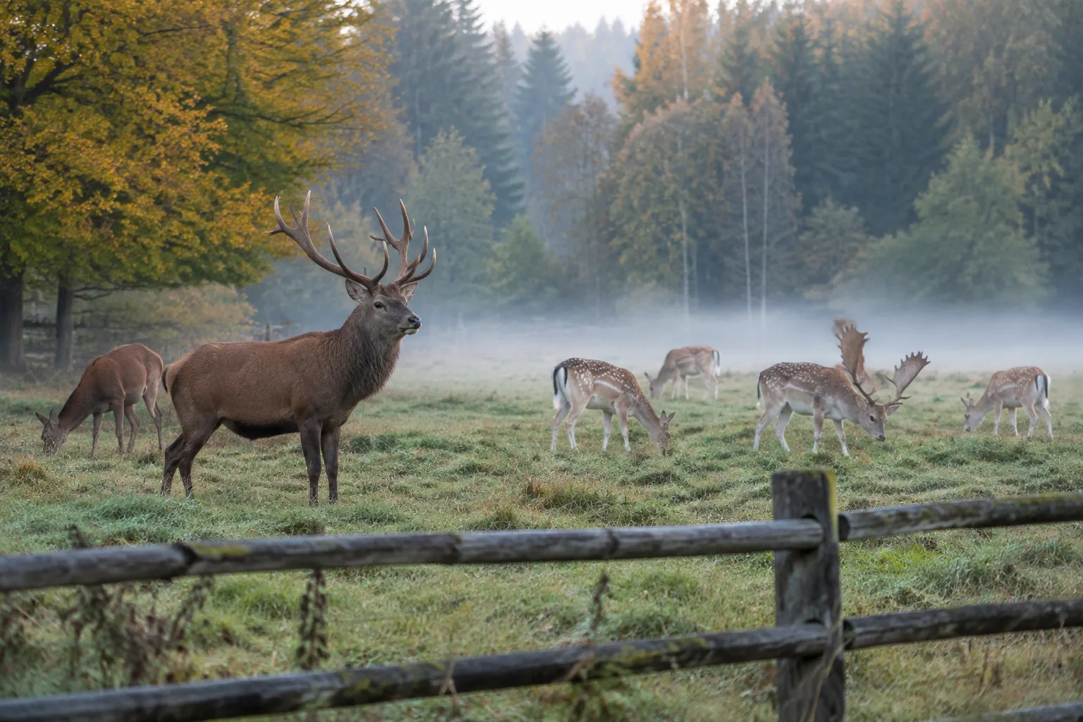 Rotwild und Damwild auf einer Wiese im Wildpark im Morgennebel